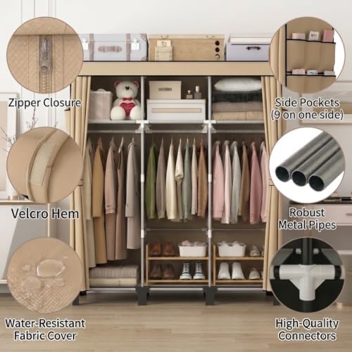 Portable Non-Woven Fabric Wardrobe, 3 Hanging Rods & Multi Tier Storage Shelves, 18 Side Pockets Clothes Closet Organizer, 130×45×172cm for Bedroom Dorm Living Room (Beige) - Image 2