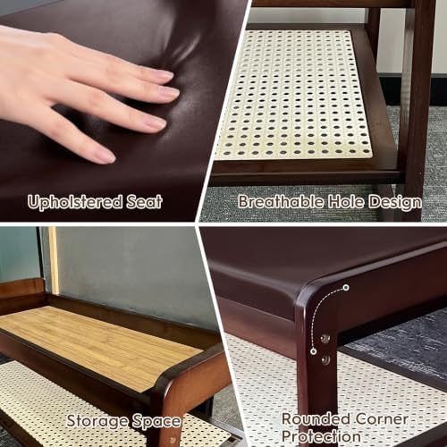 Shoe Rack Bench, 2-Tier Bamboo Entryway Bench 27.5"L, Brown Leather Cushion - Image 6