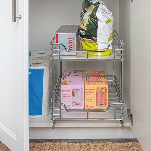 Household Essentials Glidez Chrome-Plated Steel Pull-Out/Slide-Out Storage Organizer with Plastic Liners for Under Cabinet Use - 2-Tier Design - Fits Standard Size Cabinet or Shelf, Chrome - Image 2