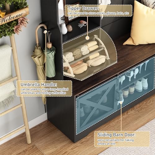 75''H 59''W Large LED Farmhouse Hall Tree with Bench and Shoe Storage,Entryway Bench with Coat Rack,16 Shoe Cubbies & Umbrella Holder and Sock Storage Drawer,Mudroom/Hallway Storages Cabinet(black) - Image 3