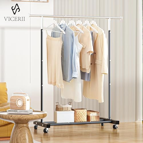 VICERII Clothing Rack, 55.51 Inch Heavy Duty Clothes Rack Rolling Garment Rack with Wheels and Bottom Shelf, 130LB Capacity Clothes Racks for Hanging Clothes, Coats, Shirts, Sweaters, Skirts, Black - Image 2