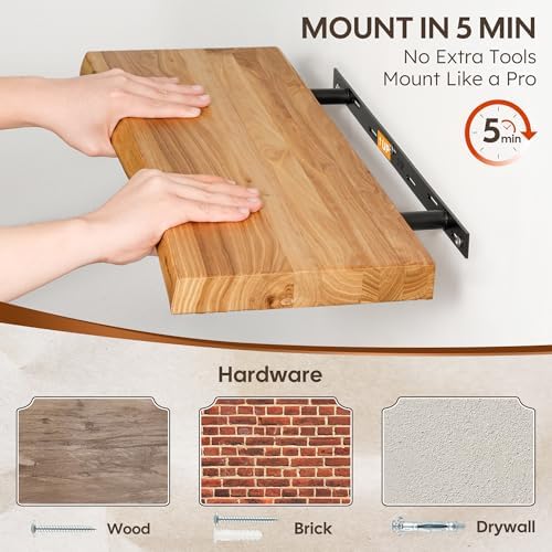 24" Floating Shelves Set of 2, Solid Elm Wood, Natural Live Edge - Image 4