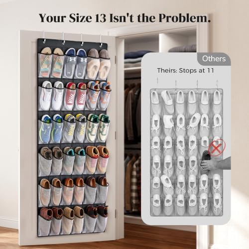 36 Pockets Over the Door Shoe Organizer for Men, Large Size 13+ Deep Pocket Rack, 6-Column Heavy Duty Shoe Storage for Sneakers Boots, Behind Door Closet Entryway, Black - Image 2