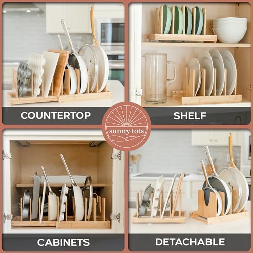 Pot and Pan Organizer for Under Cabinet – Bamboo Pot Lid Organizer for Cabinet with Magnetic Lock, Expandable 2-in-1, Adjustable Dividers, Non-Slip Base for Cutting Boards, Cookie Sheets, Bakeware - Image 4
