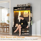 chartustriable 75''H LED Farmhouse Hall Tree with Bench and Shoe Storage,Entryway Bench with Coat Rack,12 Shoe Cubbies & Umbrella Holder,Mudroom/Hallway Storages Cabinet(Black) - Image 5