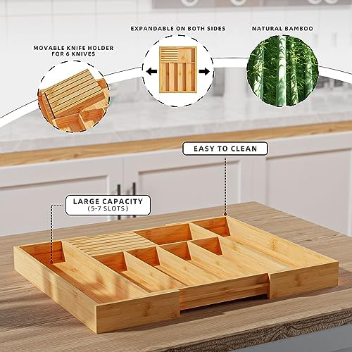 Silverware Organizer with Removable Knife Block - Bamboo Utensil Organizer for Kitchen Drawers Expandable Cutlery Organizer W12.8-20.2" x L16 x H2 (Yellow) - Image 2