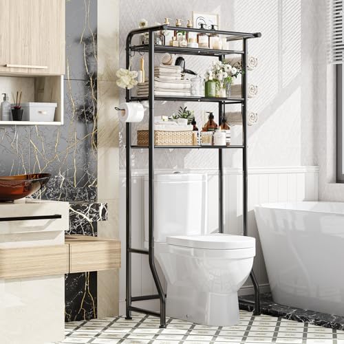 Simple Trending Over The Toilet Storage Cabinet, Metal Bathroom Shelf Organizer with Paper Holder and Hooks, 3 Tier, Black by SimpleTrending