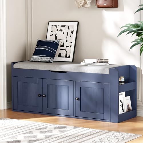42.6" Storage Bench - Shoe Storage Bench with Side Storage Shelves and 3 Doors, Multifunctional Entryway Bench with Lift Top Cushion, Shoe Bench for Bedroom, Living Room, Entryway, Navy Blue by AboutBrand