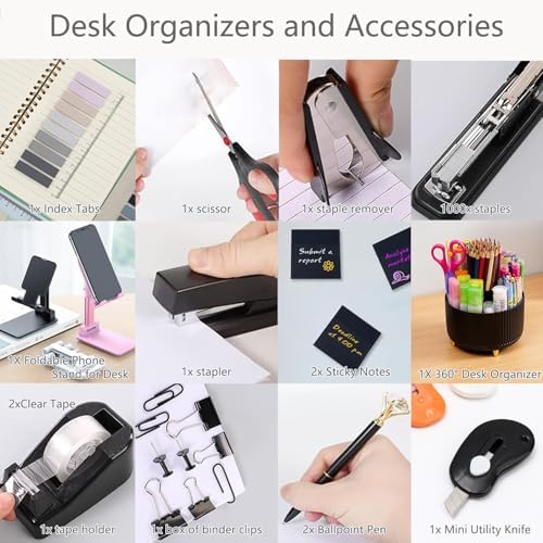 Office Supplies,Black Desk Accessories,Desk Organizer,Phone Stand,Scissors,Stapler,Tape Dispenser,Binder Clips,Staples,Staple Remover,Sticky Notes,Index Tabs,Clear Tape,Mini Box Cutter,Cool Pen.16pcs - Image 7