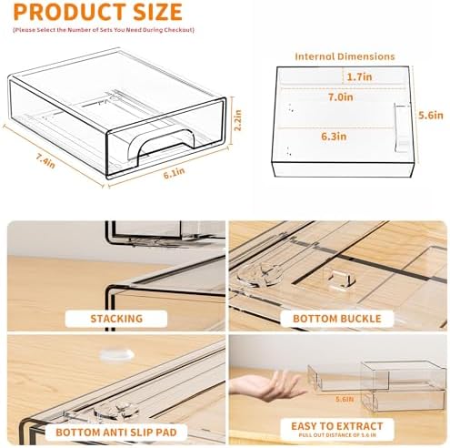 Yieach 2.2'' Tall Acrylic Clear Stackable Storage Drawer Organizer,8 Pack Desk Organization and Storage,Plastic Office Supply Organizer,Drawer Storage Organizer for Makeup,Accessory,Pen,Art Crafts - Image 3