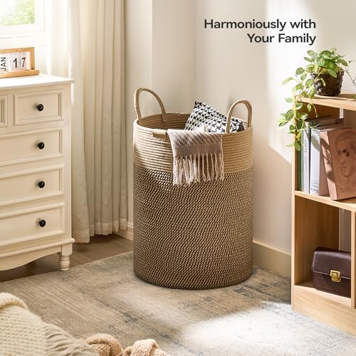 Nunsino Tall Laundry Basket Hamper 95L,Cotton Rope Storage Hamper with Reinforced Handles,Decorative Blanket & Toy Basket for Living Room, Bedroom, Nursery, Dark Brown - Image 2