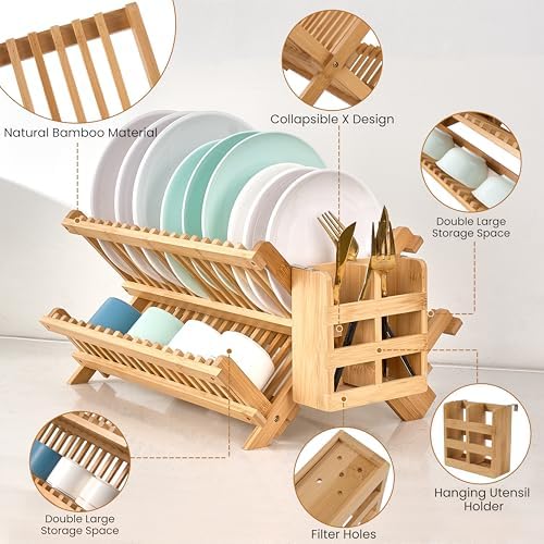 NOVAYEAH Bamboo Wooden Dish Rack, Wooden Dish Drying Drainer Rack - Image 4