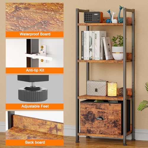 Furologee 4 Tier Bookshelf with Drawer, Small Narrow Bookcase, Rustic Brown - Image 4