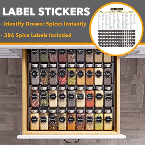 SpaceAid Spice Drawer Organizer with 36 Spice Jars, 386 Spice Labels, 4 Tier Seasoning Rack Tray Insert for Kitchen Drawers, 16.75" Wide x 17.5" Deep - Image 3