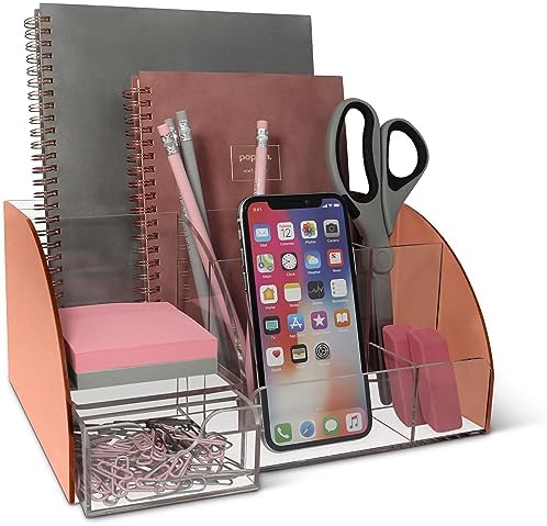 My Space Organizers Rose Gold Desk Organizer, Acrylic, 9 Compartments, Office Supplies Desk Accessories Organizer with Drawer, Pen Holder, Office Decor Desktop Organization (Rose Gold) by MySpaceOrganizers