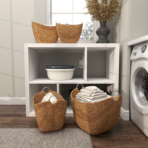 Deco 79 Seagrass Handmade Decorative and Functional Storage Basket Woven Curved Basket Organizer with Silver Metal Handles, Set of 4 Basket for Storage 14", 16", 19", 21"W, Brown - Image 6