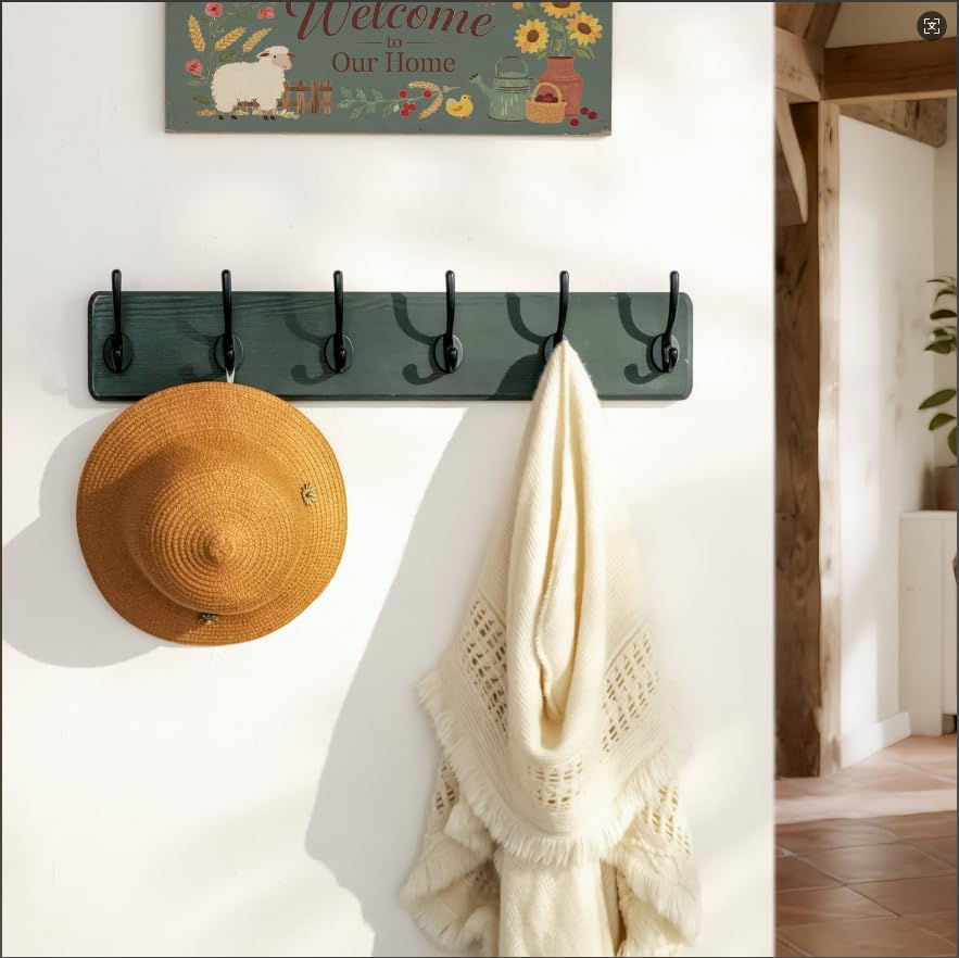 Dseap Coat Rack Wall: 24" Long, Patented, Heavy-Duty, 6-Double-Hooks Wooden Wall Mounted Coat Rack Coat Hanger Hook Rail for Winter Coats Hat Jacket Clothing, Weathered Green - Image 6