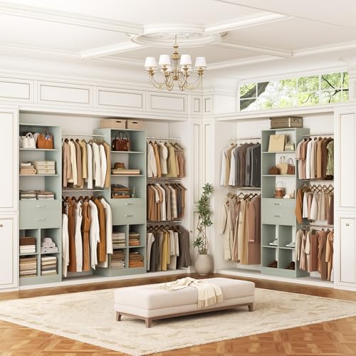 Besiost Closet System, 4-8 FT Closet Organizer Tower with 2 Wooden Drawers and 5 Hanging Rods, Can Fit 60 to 96 inch Walk-in Closet System, Crab Green - Image 2