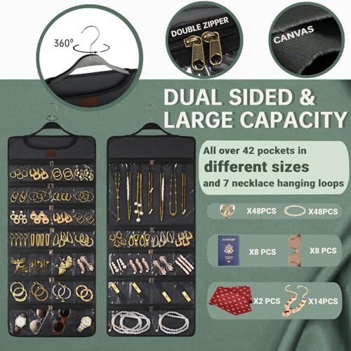 SMRITI Hanging Jewelry Organizer with Dual Zippered Pockets Canvas Double Sided Rotating Hanger Necklace Hanging Wall Organizer Earring Dustproof Holder Wall Mount Accessories Display Bag(Dark Grey) - Image 4