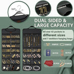 SMRITI Hanging Jewelry Organizer with Dual Zippered Pockets Canvas Double Sided Rotating Hanger Necklace Hanging Wall Organizer Earring Dustproof Holder Wall Mount Accessories Display Bag(Dark Grey) - Image 4