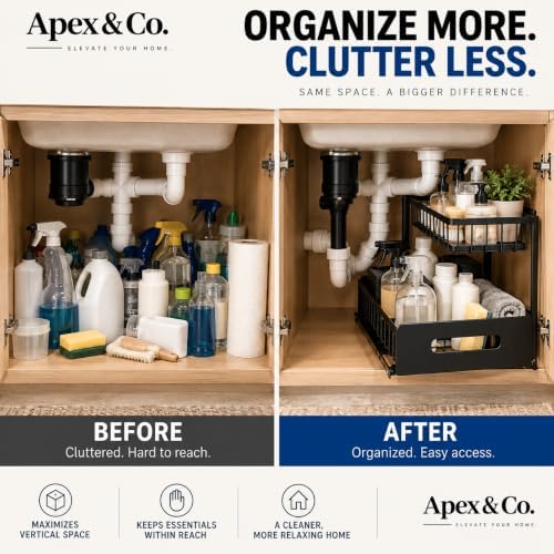 Apex & Co. 2-Tier Under Sink Organizer with Pull-Out Sliding Drawer, 1 Pack – Heavy-Duty Carbon Steel, Rust-Resistant Coating, Cabinet Storage for Kitchen & Bathroom - Image 5