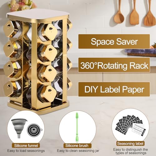 Kitchen stainless steel spice rack with 16 food grade glass cans-275 spice label-rotating vertical bracket and countertop seasoning rack cabinet tower storage rack (golden, 16) - Image 5