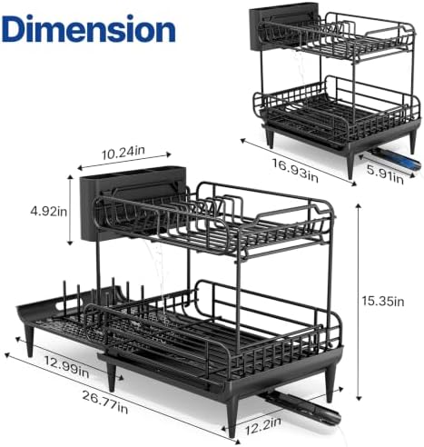 Urackify Dish Drying Rack for Kitchen Counter, Expandable 2 Tier Dish Rack, Large Capacity Dish Drainer with Drainboard Multifunctional Dish Strainer with Removable Cutlery Holder Black - Image 3