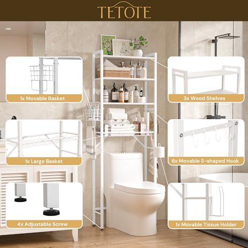 TETOTE Over-The-Toilet Storage Rack, 4-Tier Bathroom Organizer Shelf Over Toilet with Adjustable Shelf and Basket, Freestanding Space Saver Bathroom Shelves Above Toilet for Room(White) - Image 4