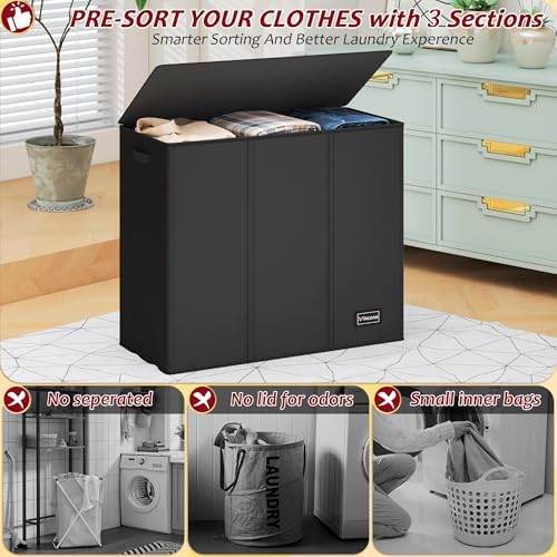 195L Laundry Hamper 3 Section,Large Laundry Hamper with Lid,Dirty Clothes Hamper with 3 Inner Bags,Collapsible Laundry Basket Organizer for Laundry Room,Bedroom,Laundry Sorter Hamper 3 Compartment - Image 3