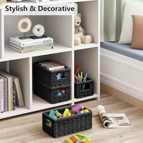 Vagusicc Wicker Storage Basket, Set of 2 Hand Woven Wicker Baskets for Organizing with Handles, Decorative Small Storage Bins for Countertop Toilet Paper Basket for Toilet Tank Top Shelves, Black - Image 4