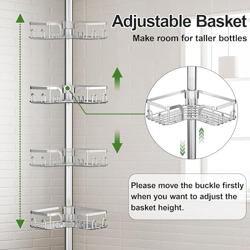 Corner Shower Caddy Tension Pole 4 Tier Adjustable Stainless Steel Shower Shelf for Inside Shower Bathtub Shampoo,Standing Bathroom Organizer Shelves with 26 to 120 inch Height - Image 3