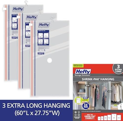 Hefty Hanging Compression Bags 3 Extra Long Vacuum Garment Storage Bags for Clothes, Travel, Closet Organization (60 X 27 Inches) (X-Large) - Image 6