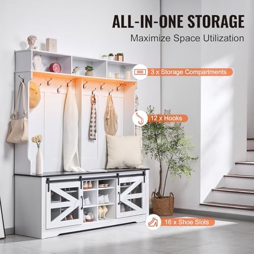 VEVOR Hall Tree Entryway Bench, LED Coat Rack with Shoe Storage, 59" Wide Mudroom Bench with Storage and Seating, Adjustable Shelves and 12 Hanging Hooks, for Mudroom, Entryway, Hallway - Image 5