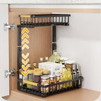 GarveeLife Under Sink Organizer, L-Shape Pull-Out 2-Tier Carbon Steel Storage Organizer with Suction Cups - Space-Saving Cabinet Rack for Kitchen & Bathroom - Easy Access Sliding Design -Black - Image 4