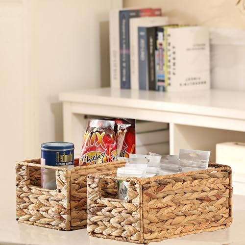 Vagusicc Wicker Storage Basket, Set of 2 Hand-Woven Storage Baskets for Organizing, Small Wicker Basket for Toilet Paper, Foldable Large Cube Storage Organizer Bins for Shelves (Water Hyacinth) - Image 3