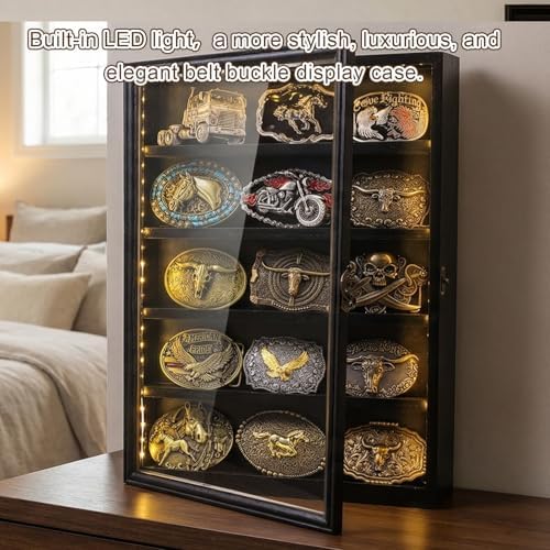Belt Buckle Display Case, 5 Belt Buckle Holders Included, 17x12 Black Shadow Box with LED Light, Wall-Mounted Men's Belt Clip Storage Box, Lockable - Image 4