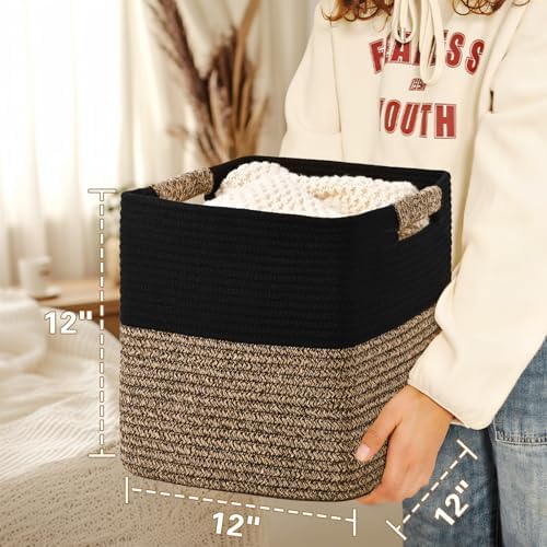 12 Inch Storage Cubes, 3 Pack Cube Storage Bins for Organizing, Cotton Rope Woven Baskets for Shelves, Bathroom, Kids Room, Closets, Baby Nursery - Image 3