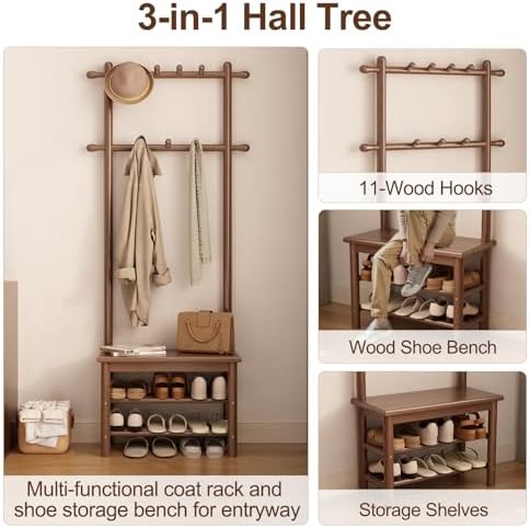 AQIMUELE Coat Rack with Shoe Storage, Narrow Wooden Hall Tree with Bench, 11 Hooks and 2-Tier Storage Shelves, 3-in-1, Entryway Bench with Coat Rack (23.6"-Walnut) - Image 3