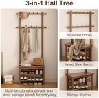 AQIMUELE Coat Rack with Shoe Storage, Narrow Wooden Hall Tree with Bench, 11 Hooks and 2-Tier Storage Shelves, 3-in-1, Entryway Bench with Coat Rack (23.6"-Walnut) - Image 3
