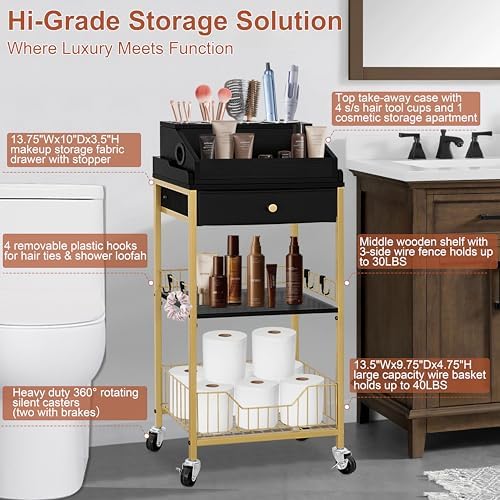 Black and Gold Rolling Makeup Cart with Drawer, Hair Tool Holder - Image 4