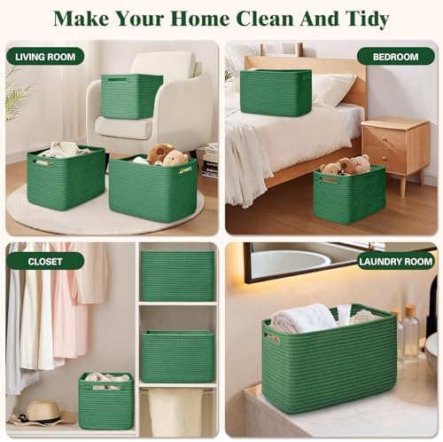 Storage Baskets for Organizing, 4 Pack Baskets for Shelves, Decorative Storage Bins for Shelves, Cotton Rope Storage Basket with Handles, Woven Basket for Storage, 13''Lx8.7''Wx7.9''H, Green - Image 6