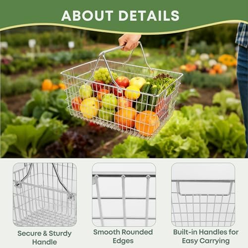 Wire Harvest Basket, Kitchen Organizers and Storage with Foldable Handle - 15.0"x9.8"x6.9" Portable Stainless Steel Picnic Baskets for Gathering Vegetables,Fruits,Kitchen,Garden,Picnic&Shopping (1, L) - Image 4