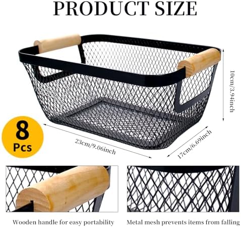 8 Pcs Black Wire Basket with Wooden Handle, Pantry Storage Bins - Image 2