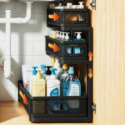1 Pack 3 Tier Under Sink Organizer with Pull Out Drawer, Height Adjustable Heavy Duty Metal Under Cabinet Organizer, Smooth Sliding Storage Shelf for Kitchen, Bathroom Cabinet Organization, Black by Unknown