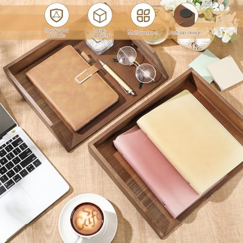 Beeveer 2 Pcs Dark Wood Letter Tray Wooden Desk Paper Organizer 2 Tier Stackable Load Documents Desktop Tray Drawer File Folder Magazine Office Accessories for Home Office Back to School - Image 4