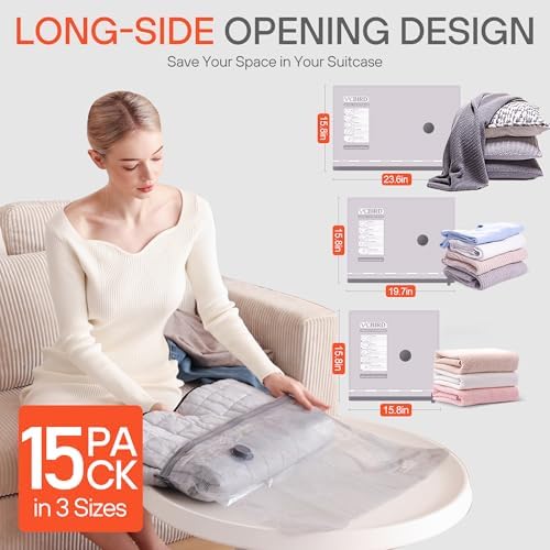 Vacbird 15 Pack Travel Vacuum Storage Bags - Pump Not Included, Vacuum Seal Bags for Clothing, Compression Packing for Clothes Luggage Suitcase Travel - Image 2