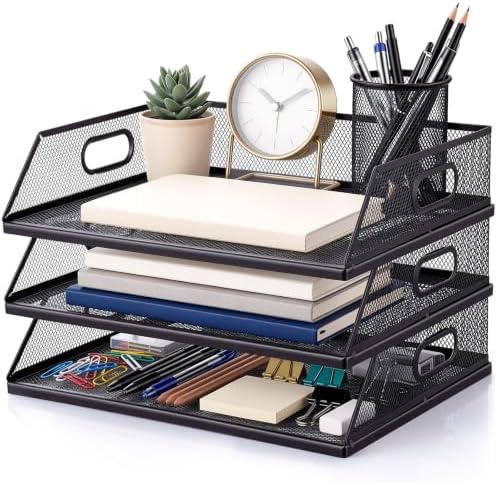 3 Pcs Stackable Letter Tray Metal Paper Tray Desk Organizer, Black by Unknown