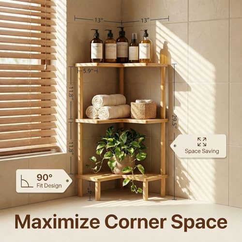 Corner Shelves Shower Caddy Stand 3-Tier,Bamboo Space Saving Shower Organizer,With Anti-Slip Feet,Bathroom Shelves for Inside Shower,Large Capacity,Storage in Showers, Kitchens and Living Room - Image 2