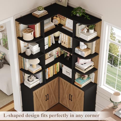 FINETONES 74" Tall Corner Bookshelf, Wooden Bookshelf with Doors - Image 4