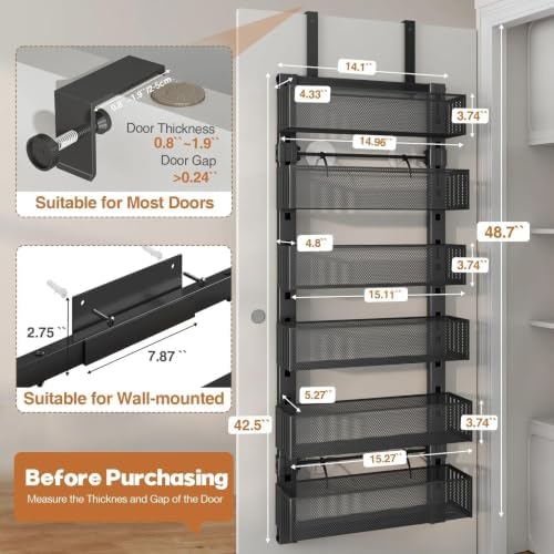 Over The Door Organizer, 6-Tier Heavy-Duty Metal Mesh Rack, Adjustable Large Baskets, 2-in-1 Hanging or Wall Mount Spice Rack, Behind The Door Organizer for Bedroom Closet Bathroom Pantry Kitchen - Image 2